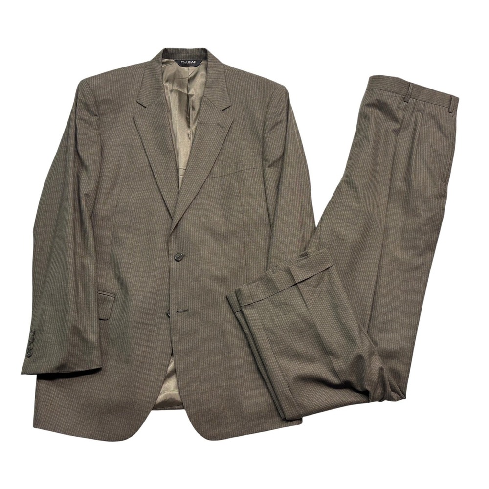 Jos A Bank 44L 38x32 Tan Pinstripe 2pc Pant Suit Wool Pleated Cuffed High Rise